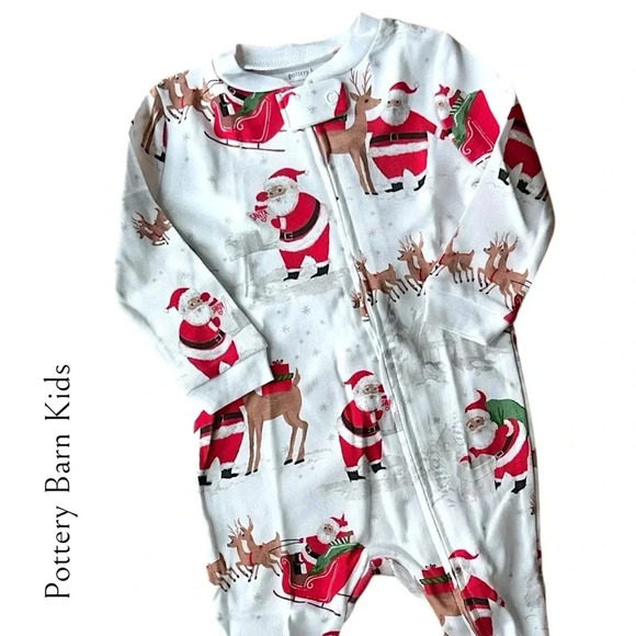 POTTERY BARN KIDS HOLIDAY HERITAGE SANTA ORGANIC COTTON SLEEPER PAJAMA 9-12 MOS - Picture 1 of 5